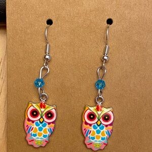 Hand Crafted Pink Multicolor Beaded Owl Dangle Earrings
